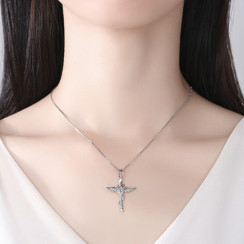 Angel Wings Cross Pendant In Sterling Silver