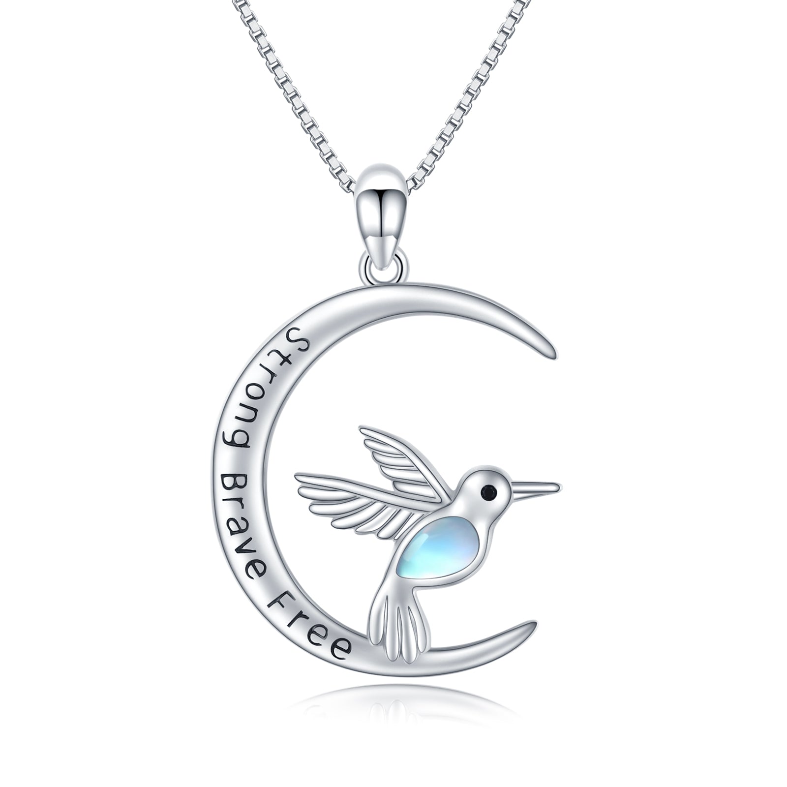 Sterling Silver Crescent Moon Hummingbird Pendant Inspirational Necklace Moonstone Bird Necklace Engrave Strong Brave Free Hummingbird Gift