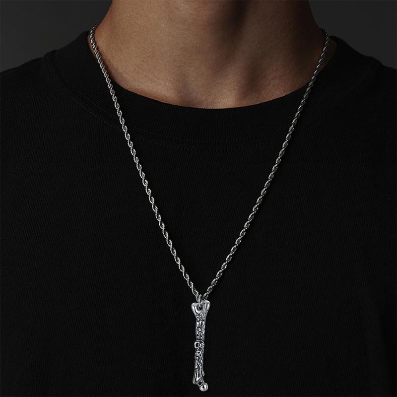 Sterling Silver Skull Matte Pendant Bone Band Flower Oxidized Necklace for Men