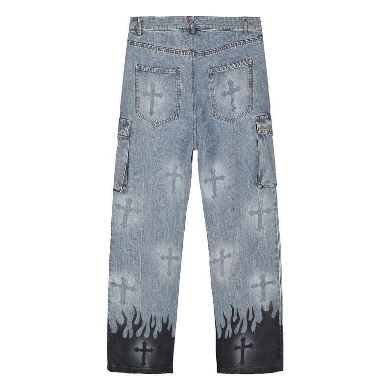 High Street Retro Cross Graffiti Loose Straight Jeans - Minihomy