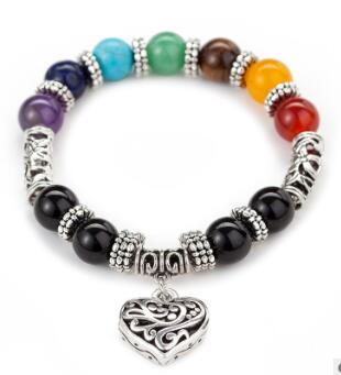 Chakra Gemstone Bracelet Heart Pendant Lava Stone Crystal Reiki Healing - Minihomy