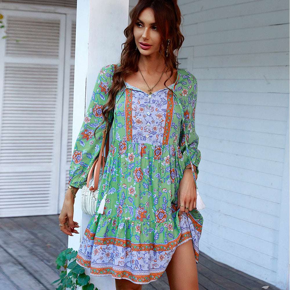 Boho Print Button V-Neck Long Sleeve Fringe Dress - Minihomy