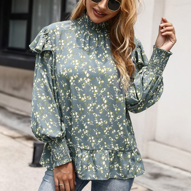 Loose Small Floral Stand-up Collar Ruffled Long-sleeved Shirt - Minihomy