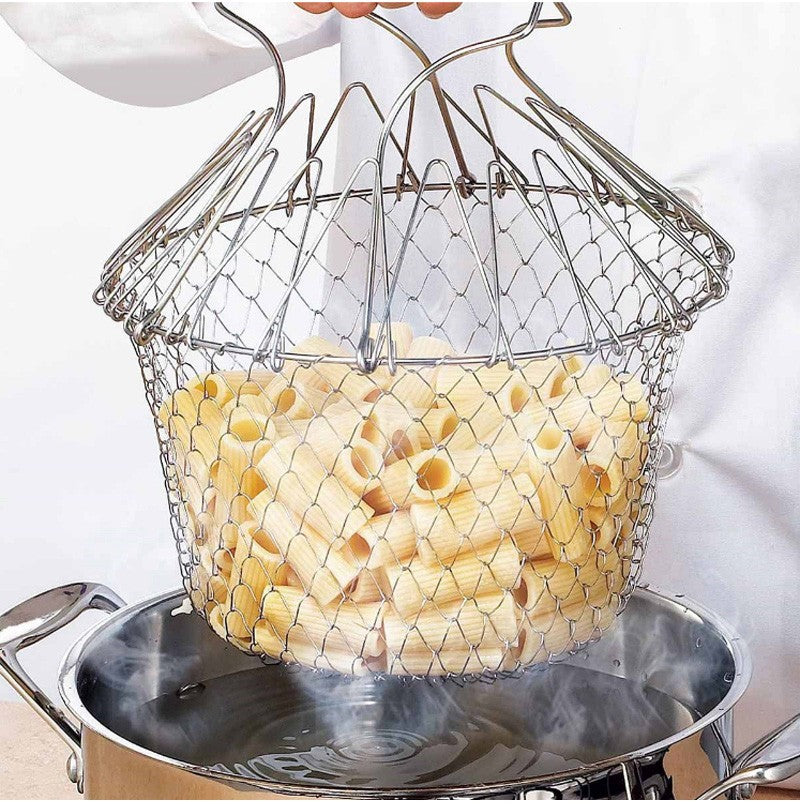 Deep Fry Basket Stainless Steel Multi-function Foldable Chef Cooking Basket Flexible Kitchen Tool for Fried Food Washing Fruits Vegetables - Minihomy