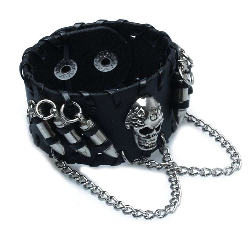 Men's Black PU Leather Bullet Wristband Adjustable Skull Metal Chain Bracelet Punk Biker Rock Gothic - Minihomy