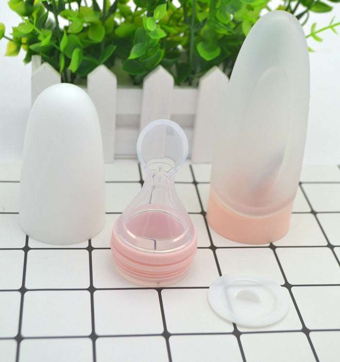 Baby Silicone Soft Head Rice Paste Spoon With Baffle Can Go Out To Carry Silicone Squeezed Food Supplement Bottle - Minihomy