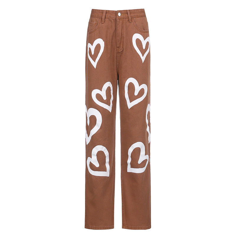 Love graffiti women high waist straight slim jeans - Minihomy