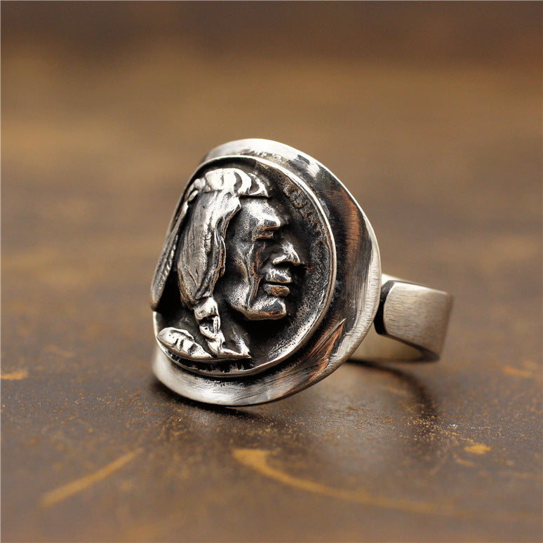 Handmade S925 Sterling Silver Thai Silver Vintage Wandering Coin Indian Chief Ring - Minihomy