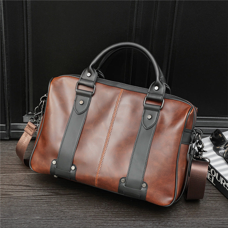 Men's shoulder bag crazy horse leather Messenger bag Korean version of the portable multi-function trend leisure diagonal package - Minihomy