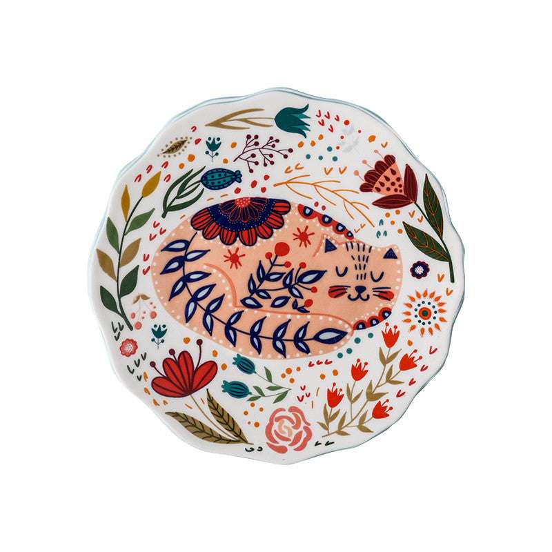 Cartoon Lucky Cat Round Plate Ceramic Color Dinner Plate Dish Plate Nordic Tableware - Minihomy