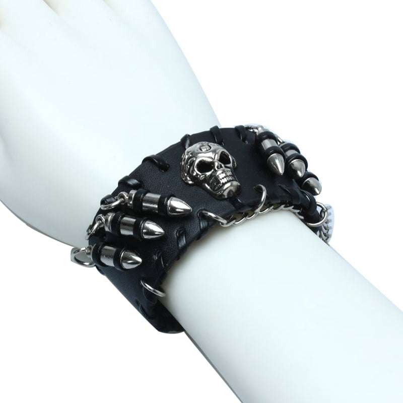 Men's Black PU Leather Bullet Wristband Adjustable Skull Metal Chain Bracelet Punk Biker Rock Gothic - Minihomy