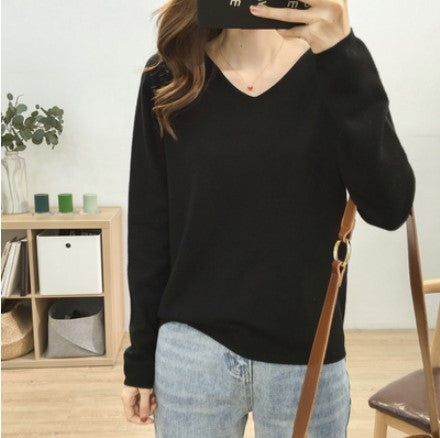 Loose Slimming V-neck Solid Color Long-sleeved Sweater - Minihomy