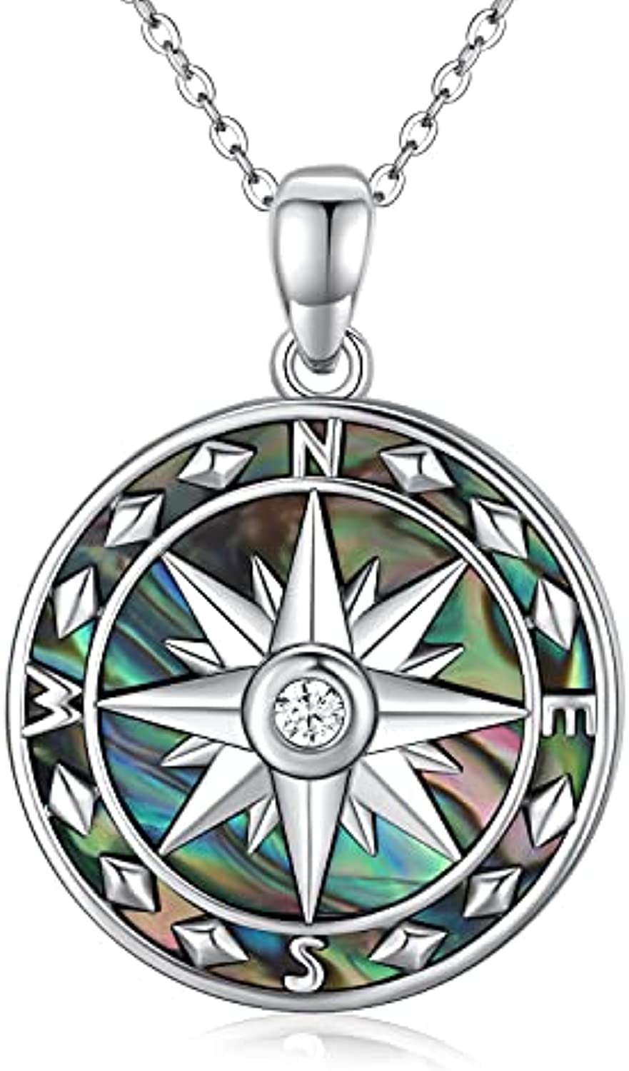 Compass Necklace for Women Sterling Silver Malachite Abalone Shell Pendant Jewelry Graduation Gift for Men Teens - Minihomy