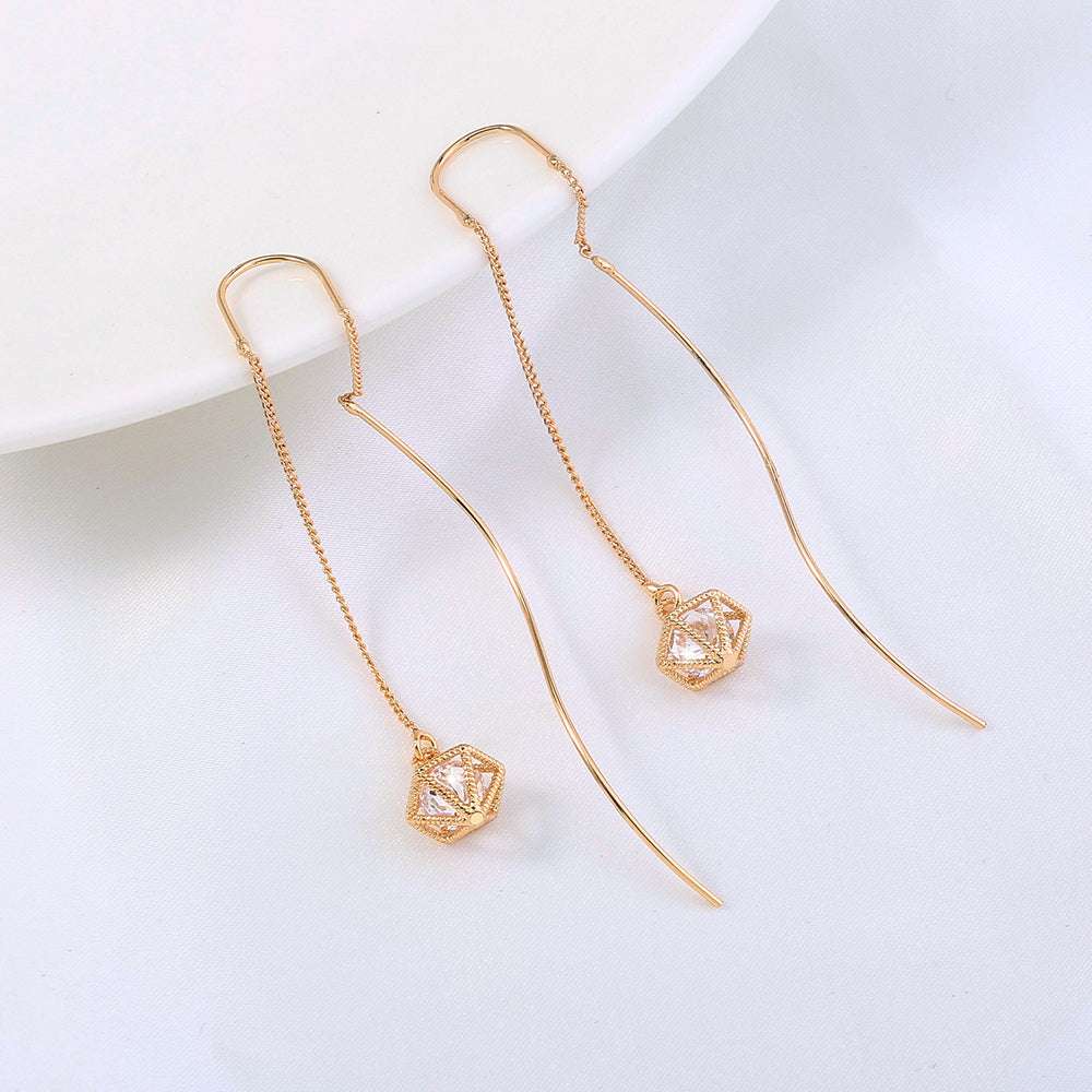 Gold Bronze Cutout Zircon Tassel Earrings - Minihomy