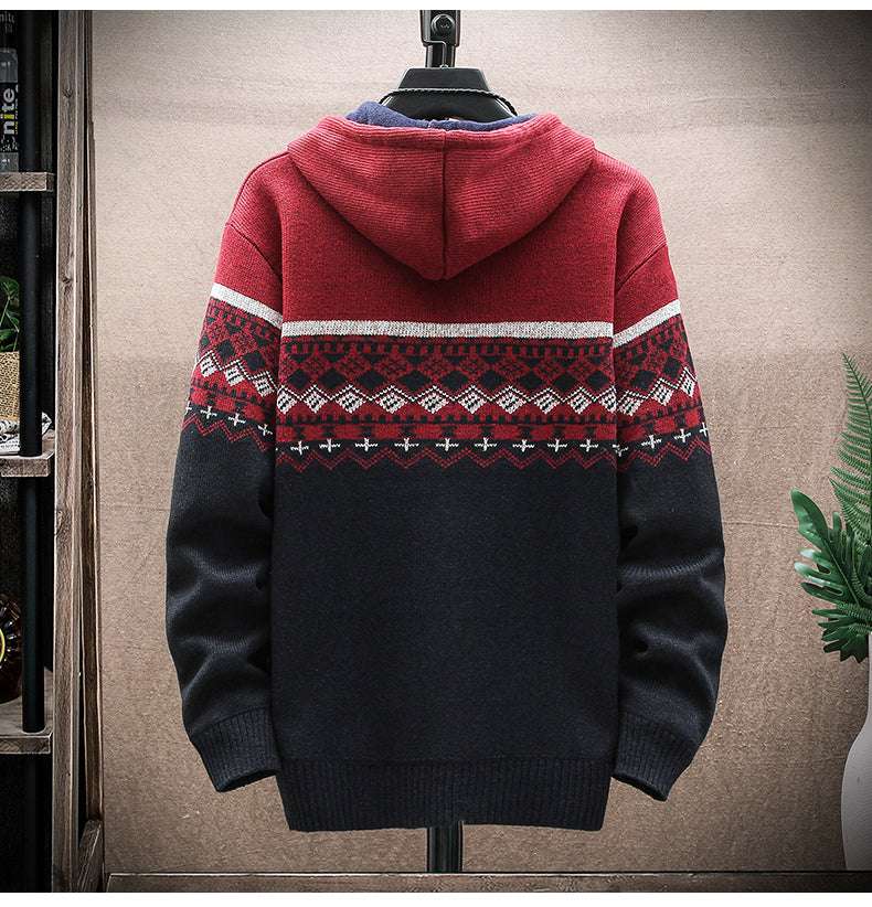 Hooded Cardigan Knitted Thick Plus Fleece Sweater Men - Minihomy