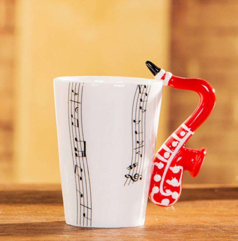 Coffee cup with music notes in the form of saxophone handle ceramic porcelain cup of tea milk method - Minihomy