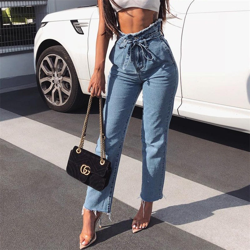 Vintage tassels high waist jeans for women