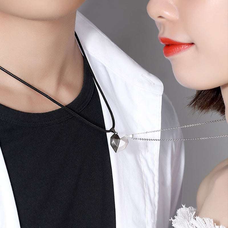 Minimalist Lovers Matching Friendship Heart Pendant Couple Magnetic Distance Faceted Heart Pendant Necklace Couple Jewelry - Minihomy