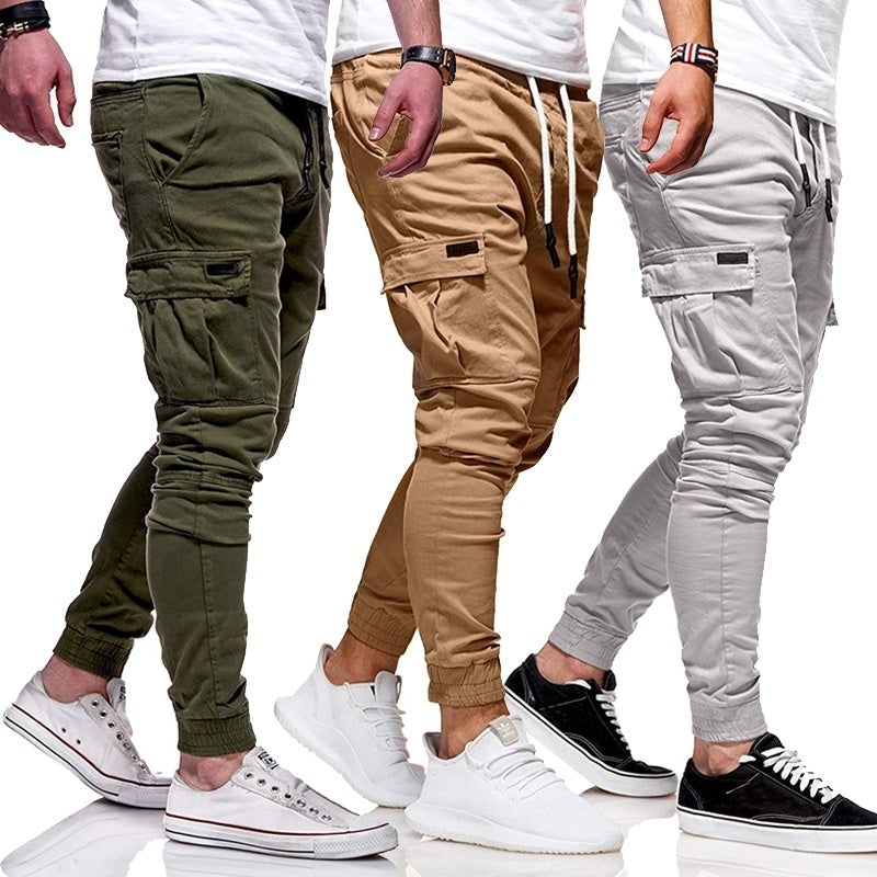 Casual Men Solid Color Multi Pocket Drawstring Ankle Tie Cargo Pants - Minihomy