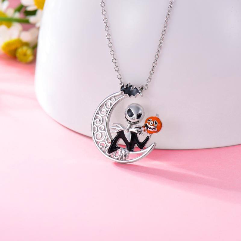 925 Sterling Silver Moon Jack Skellington and Pumpkin Pendant Necklace - Christmas Jewelry Gifts - Minihomy