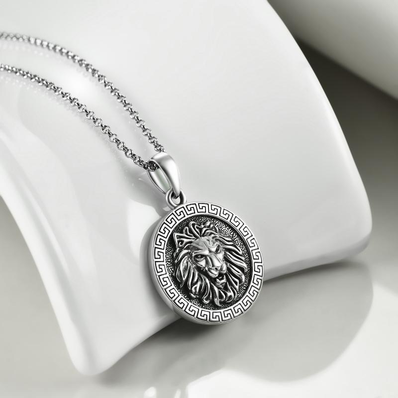 Lion Head Skull Pendant Chain Necklace Sterling Silver Double-Sided Jewelry - Minihomy