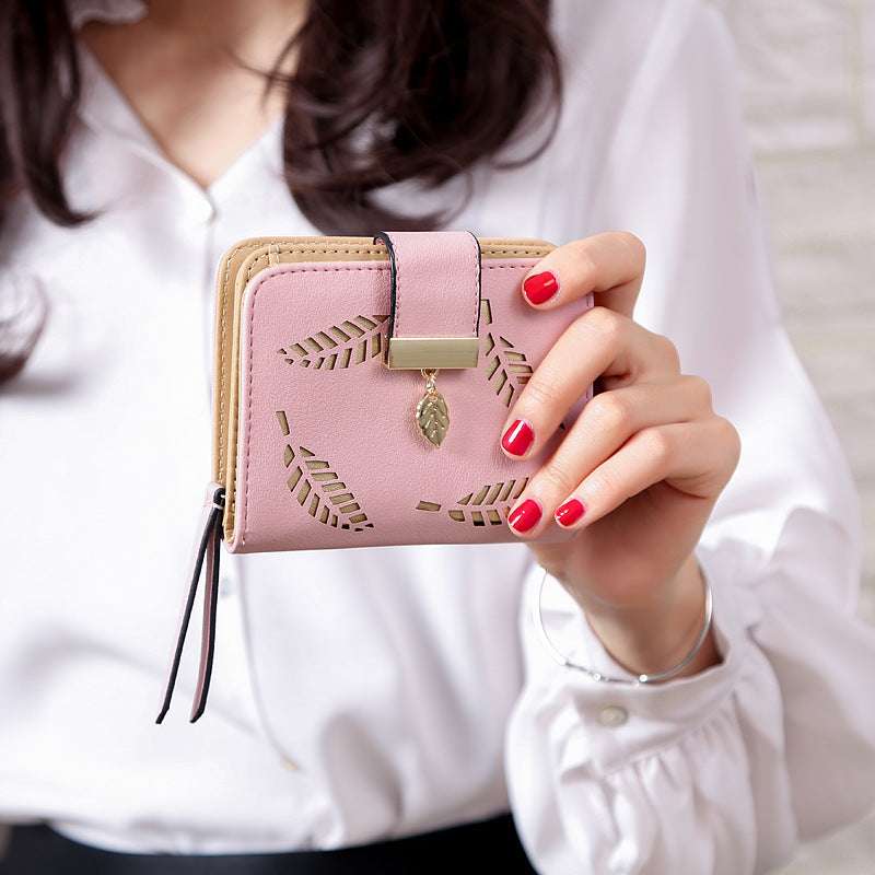 Korean Women's Wallet Short Hollow Clutch Bag Leaf Zipper Buckle Bills Card Pack - Minihomy