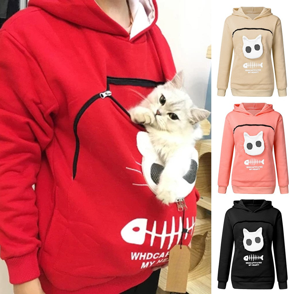 Kadın Kapşonlu Sweatshirt Kedi Evcil Hayvan Cep Tasarımı Uzun Kollu Kazak Kedi Kıyafeti