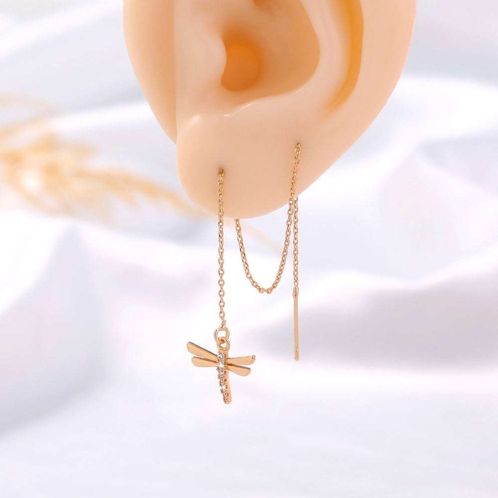 Gold Copper Dragonfly Micro-Set Zircon Long Tassel Ear Wire - Minihomy