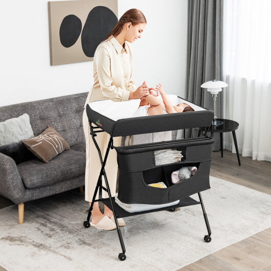 Portable Adjustable Height Newborn Nursery Organizer with Wheel-Black - Color: Black - Minihomy