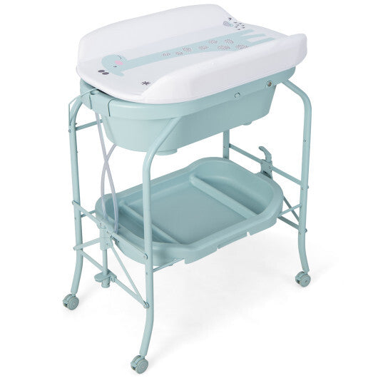 Folding Baby Changing Table with Bathtub and 4 Universal Wheels-Blue - Color: Blue - Minihomy