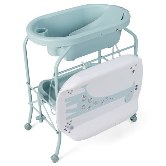 Folding Baby Changing Table with Bathtub and 4 Universal Wheels-Blue - Color: Blue - Minihomy