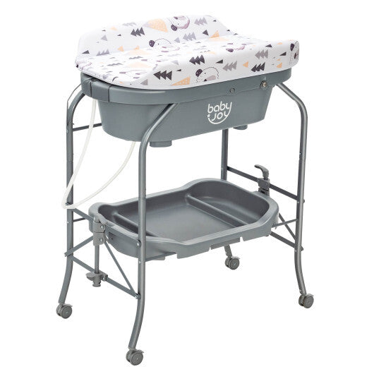 Portable Baby Changing Table with Storage Basket and Shelves-Gray - Color: Gray - Minihomy