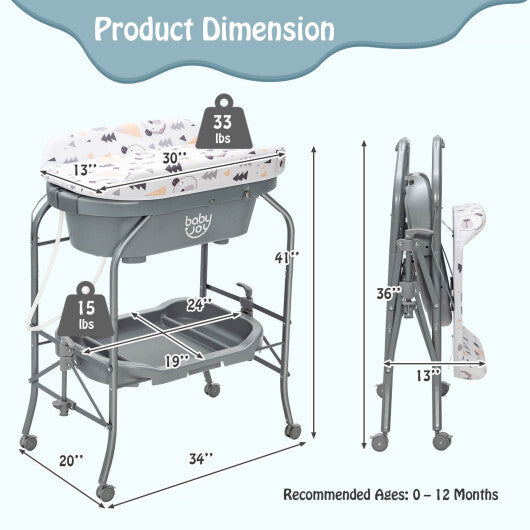 Portable Baby Changing Table with Storage Basket and Shelves-Gray - Color: Gray - Minihomy