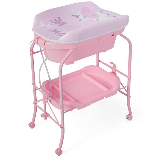 Folding Baby Changing Table with Bathtub and 4 Universal Wheels-Pink - Color: Pink - Minihomy