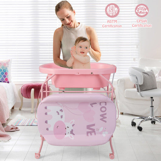 Folding Baby Changing Table with Bathtub and 4 Universal Wheels-Pink - Color: Pink - Minihomy