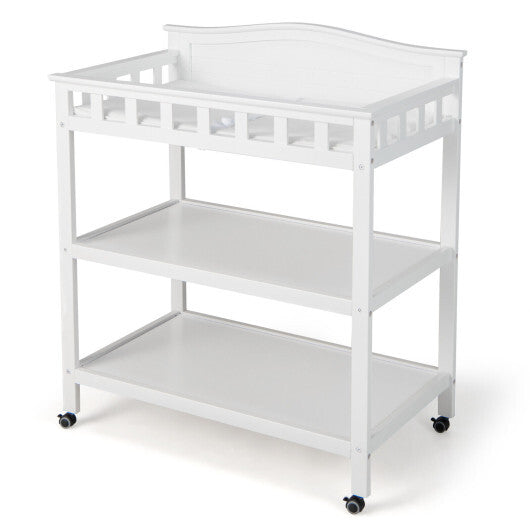 Mobile Changing Table with Waterproof Pad and 2 Open Shelves-White - Color: White - Minihomy