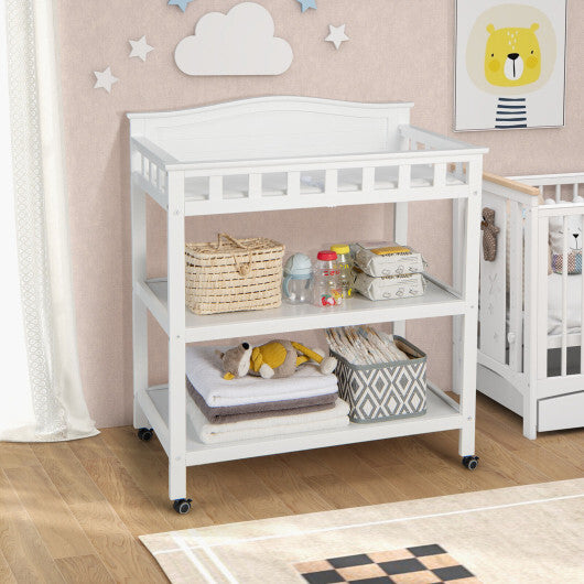 Mobile Changing Table with Waterproof Pad and 2 Open Shelves-White - Color: White - Minihomy