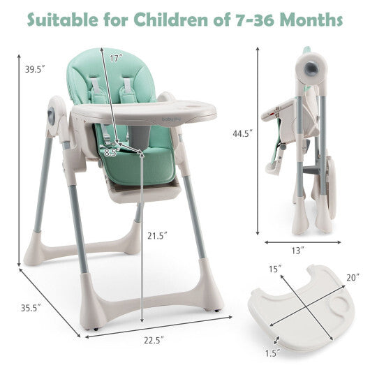 Baby Folding High Chair Dining Chair with Adjustable Height and Footrest-Green - Color: Green - Minihomy