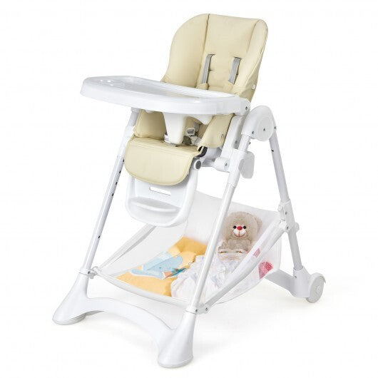 Baby Convertible Folding Adjustable High Chair with Wheel Tray Storage Basket-Beige - Color: Beige - Minihomy