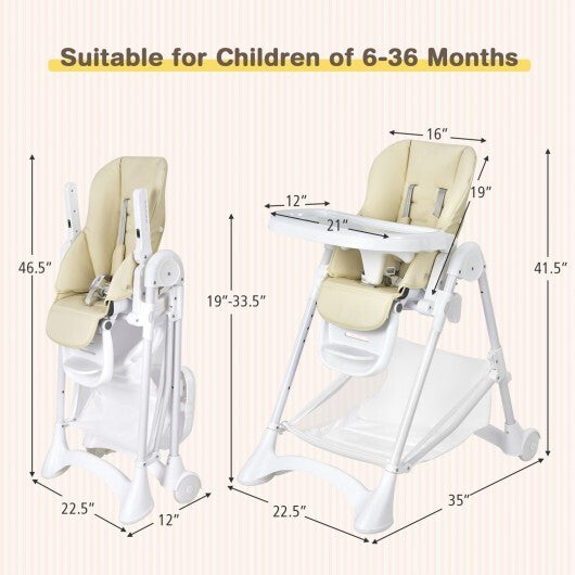 Baby Convertible Folding Adjustable High Chair with Wheel Tray Storage Basket-Beige - Color: Beige - Minihomy