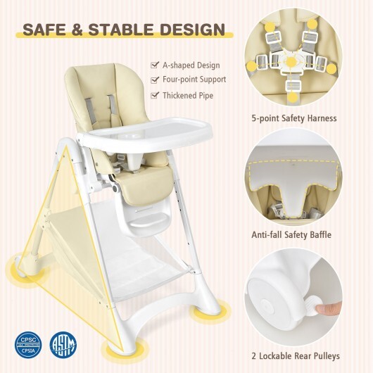 Baby Convertible Folding Adjustable High Chair with Wheel Tray Storage Basket-Beige - Color: Beige - Minihomy