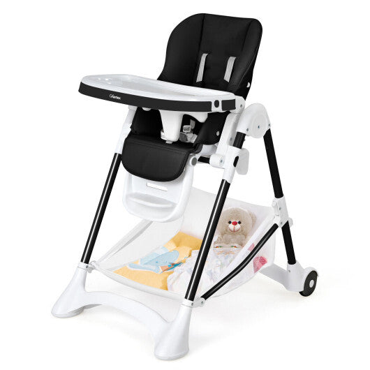 Baby Convertible Folding Adjustable High Chair with Wheel Tray Storage Basket-Black - Color: Black - Minihomy