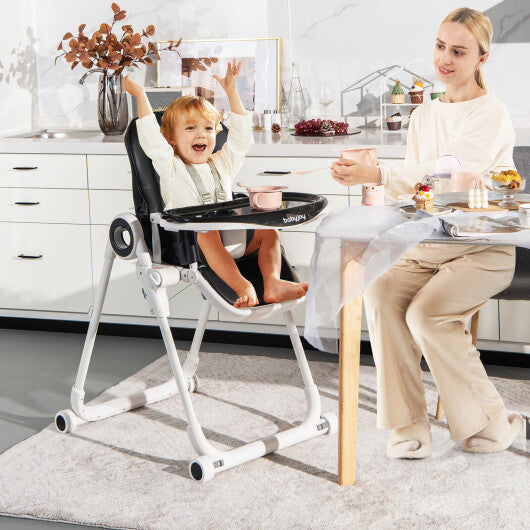 Baby High Chair Foldable Feeding Chair with 4 Lockable Wheels-Black - Color: Black - Minihomy