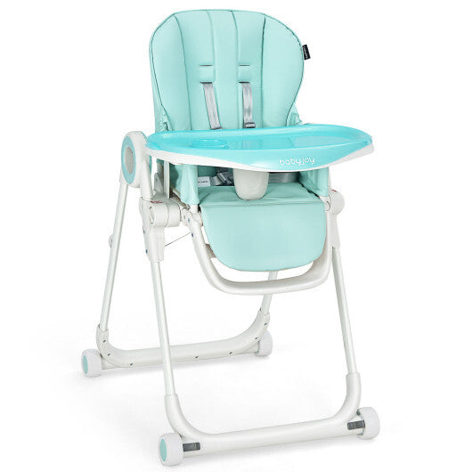 Baby High Chair Foldable Feeding Chair with 4 Lockable Wheels-Green - Color: Green - Minihomy