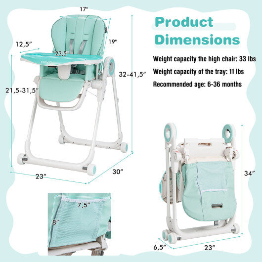 Baby High Chair Foldable Feeding Chair with 4 Lockable Wheels-Green - Color: Green - Minihomy