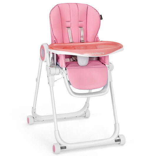 Baby High Chair Foldable Feeding Chair with 4 Lockable Wheels-Pink - Color: Pink - Minihomy