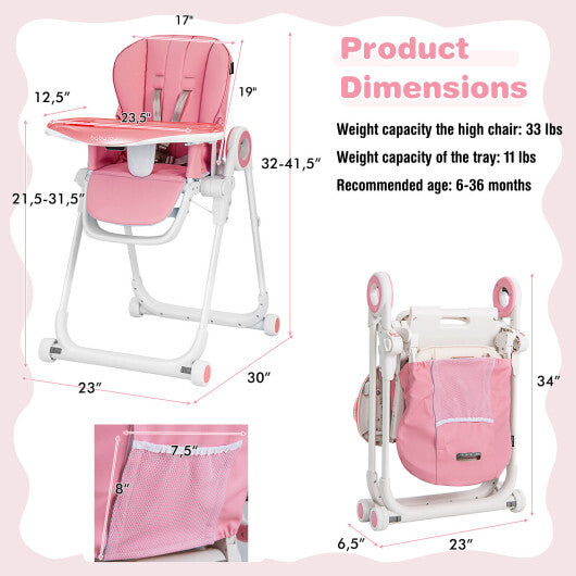 Baby High Chair Foldable Feeding Chair with 4 Lockable Wheels-Pink - Color: Pink - Minihomy