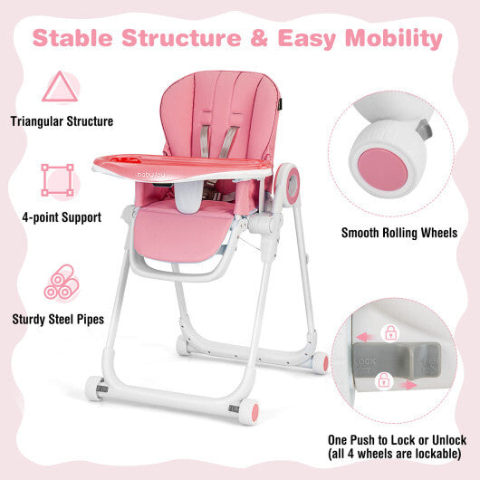 Baby High Chair Foldable Feeding Chair with 4 Lockable Wheels-Pink - Color: Pink - Minihomy