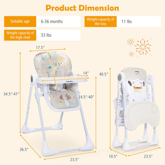 Baby High Chair Folding Feeding Chair with Multiple Recline and Height Positions-Gray - Color: Gray - Minihomy