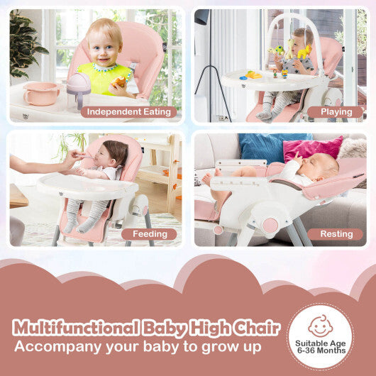 4-in-1 Foldable Baby High Chair with 7 Adjustable Heights and Free Toys Bar-Pink - Color: Pink - Minihomy